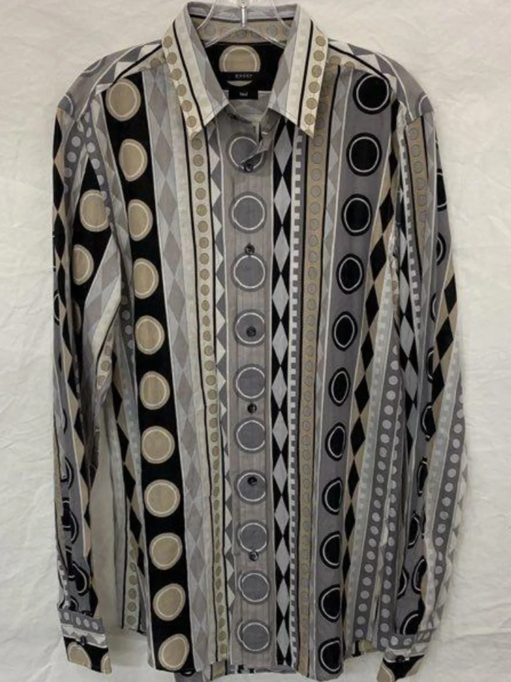 GUCCI Striped Geometric Print Button-Up Shirt in Black, Gray & Cream